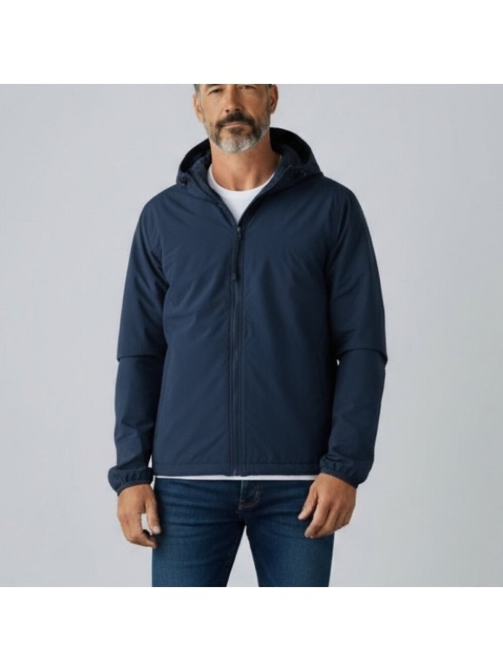LL Bean Men's Hooded Jacket Nylon Insulated Lined Windbreaker Navy Blue Large